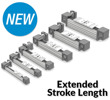 A graphic of four different sized cylinders with the words " new extended stroke length ".