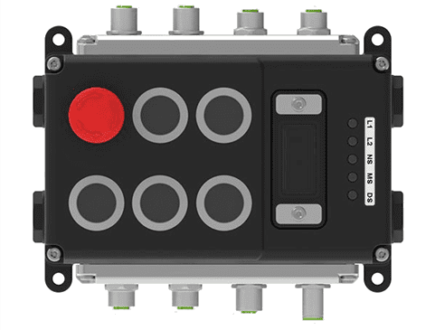 A black box with six buttons and a red button.