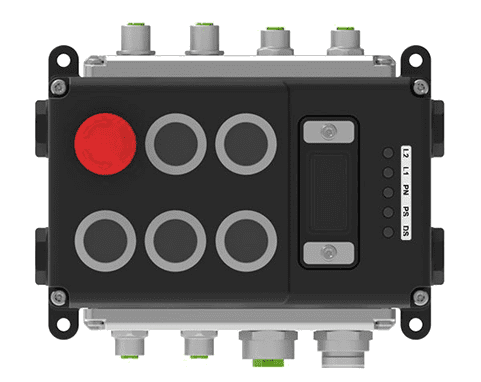 A black box with six buttons and a red button.