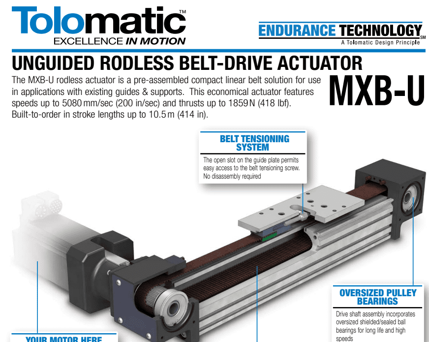 A diagram of an actuator with the text " guided rotless belt-drive actuator mxe ".
