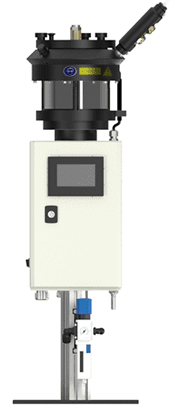 A white and black machine is on the green background