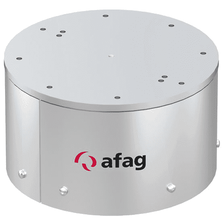 A silver round box with holes for the air flow.
