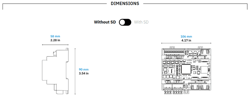 Technical drawing showing dimensions of a device with and without SD card.