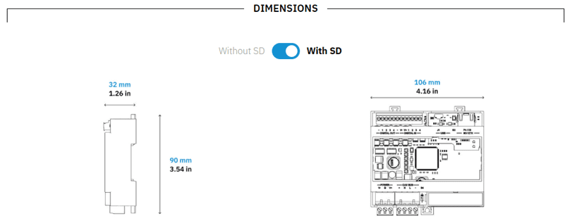 Diagram showing dimensions of a device with and without SD card.