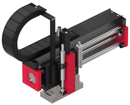 A red and black machine is shown with a green background.