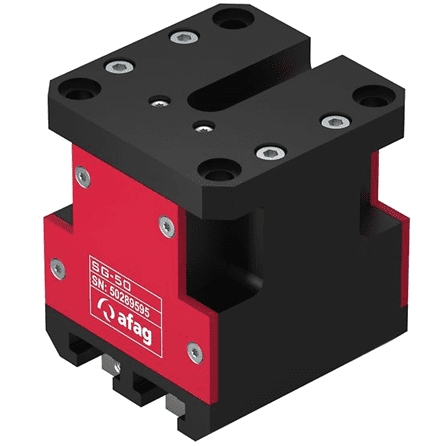 A red and black block with two holes for mounting
