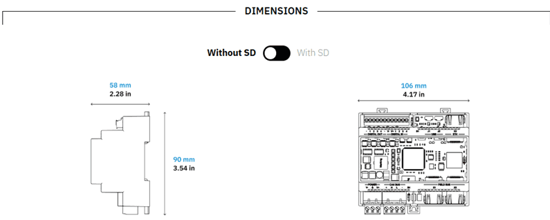 Diagram showing dimensions of a device with and without an SD card slot.