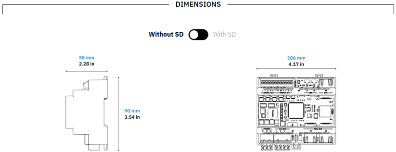 Diagram showing dimensions with and without SD card.