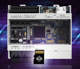 A compact electronic device with a visible circuit board and a microSD card.