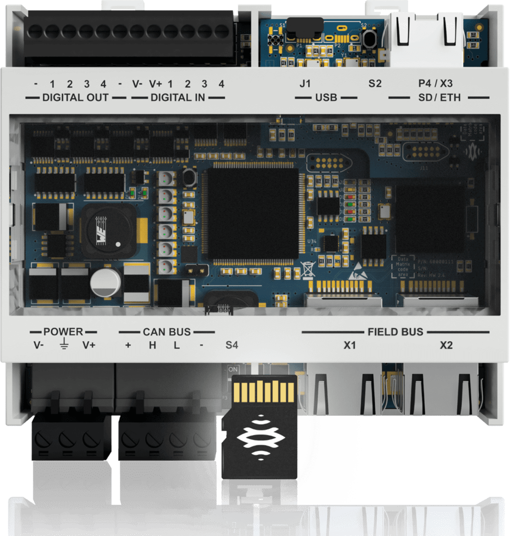 Internal view of a digital device's circuit board with multiple chips and connectors.