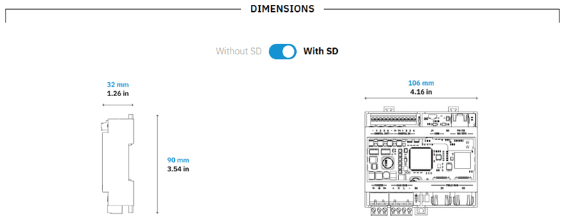 Diagram showing dimensions of a device with SD card slot.