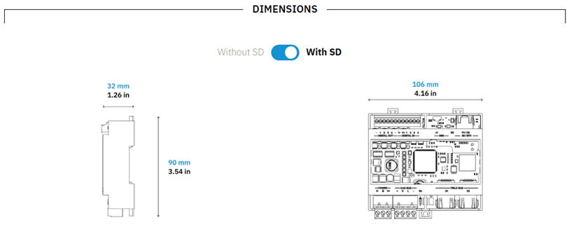 Technical diagram showing dimensions of a device with and without SD card.