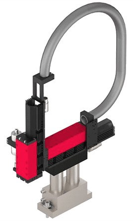 A red and black machine is shown with its arm extended.