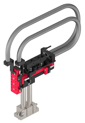 A red and black machine is on the ground