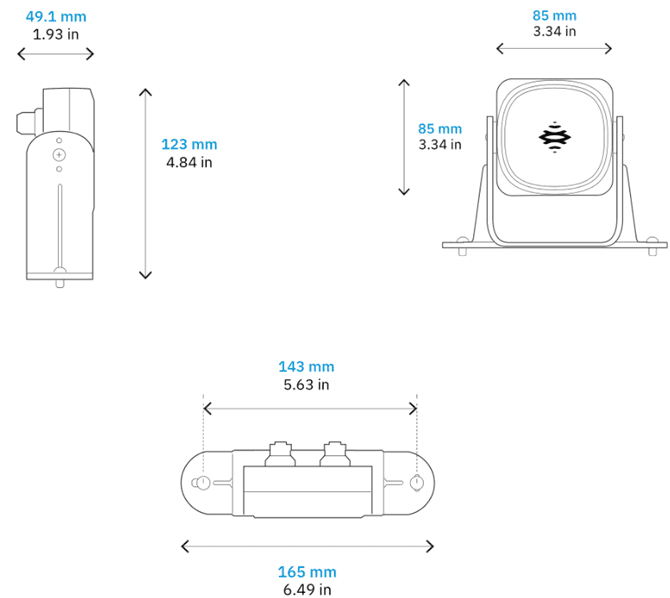 Technical drawing of a square device with mounting bracket and dimensions.