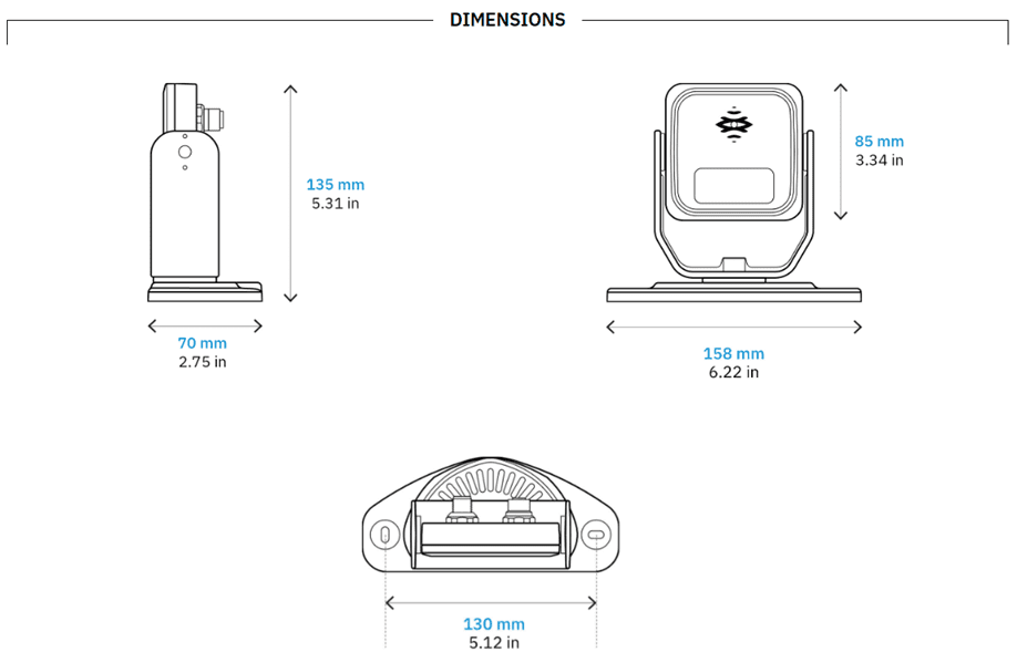 Technical drawing of a device with dimensions in millimeters and inches.