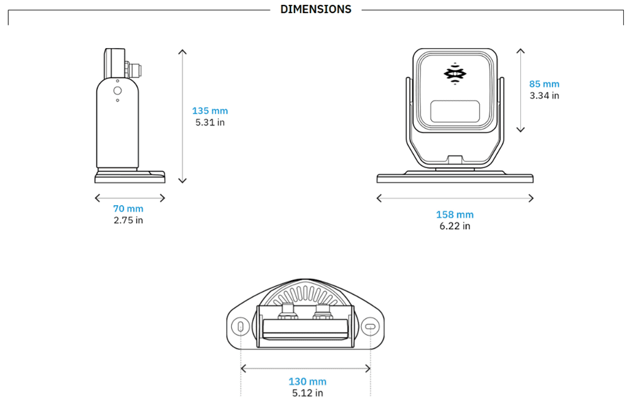 Technical drawing of a device with detailed dimensions in millimeters and inches.