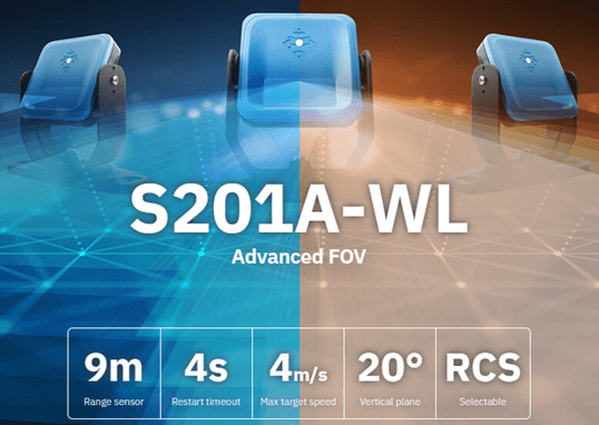 S201A-WL advanced radar sensor with 20° field of view and 4m/s speed detection.