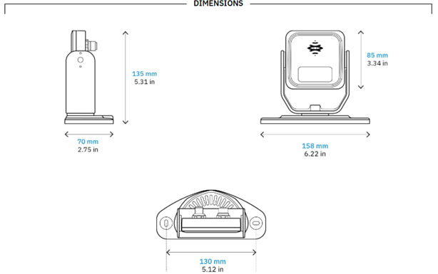 Technical drawing of a device with detailed dimensions in centimeters and inches.
