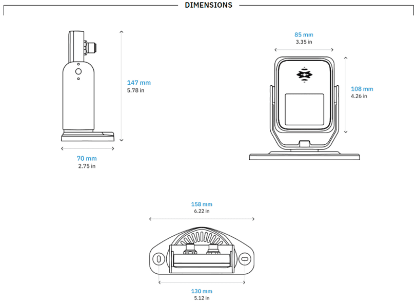 Technical diagram showing dimensions of a compact device from multiple views.