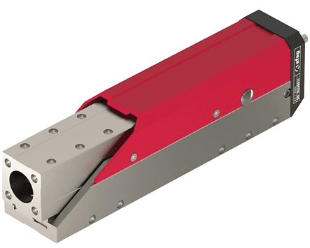 A red and white piece of metal with holes in it.