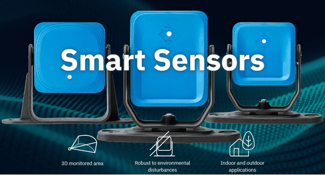 Blue smart sensor device with LED indicators and protective design.