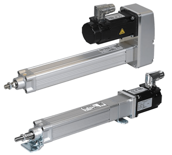 Two industrial linear actuators with motors attached.