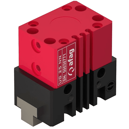 A red and black block with the same color on top.