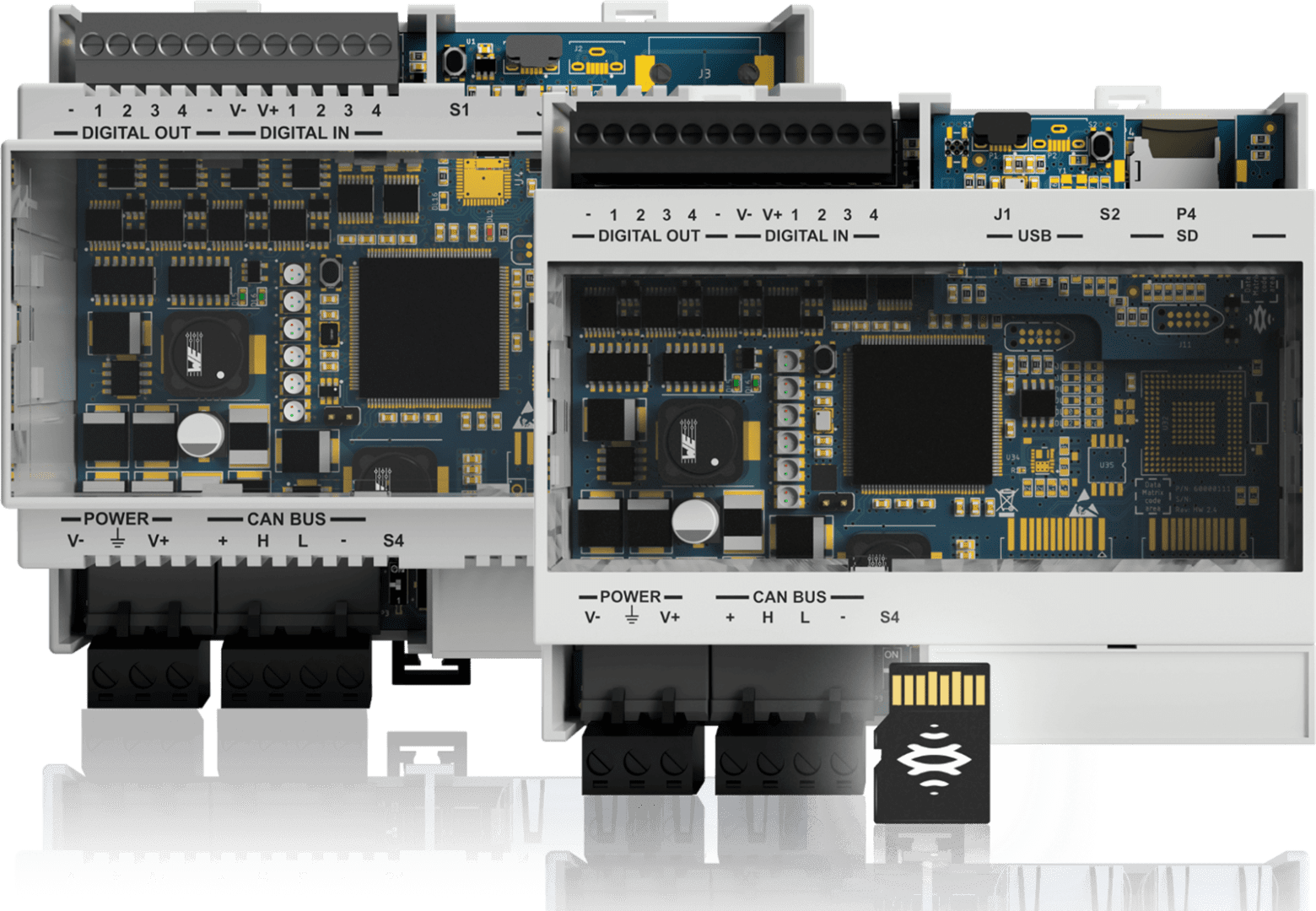 Close-up of two electronic circuit boards with connectors and chips.