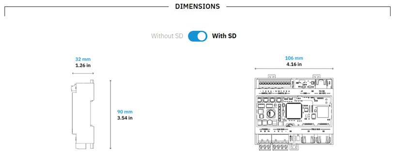 Dimensions diagram of a device with SD card slot shown in millimeters and inches.