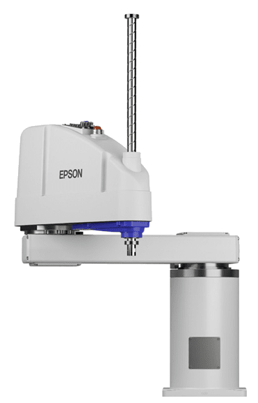A white Epson industrial robotic arm with a blue gripper.