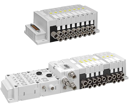 Modular pneumatic valve manifold with multiple solenoid valves and connectors.