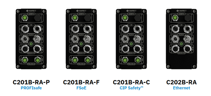 Two compact industrial connectors labeled C201B-RA-F and C201B-RA-C for IP50 and CIP Safety.