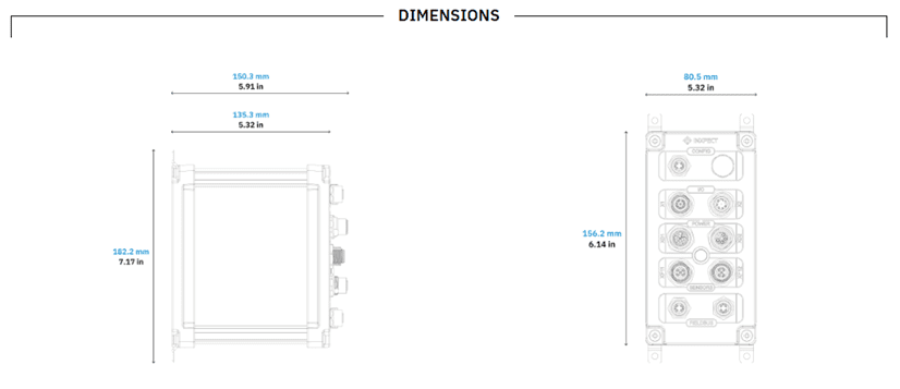 Technical drawing showing device dimensions and mounting hole details.
