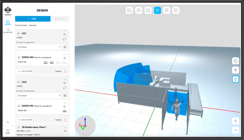 3D modeling interface showing a segmented blue object and a human figure for scale.