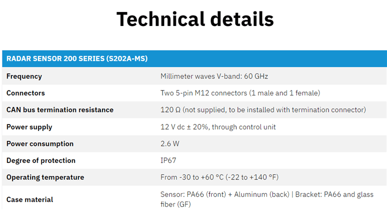 Technical details of a sensor with specifications on frequency, distance, and temperature.