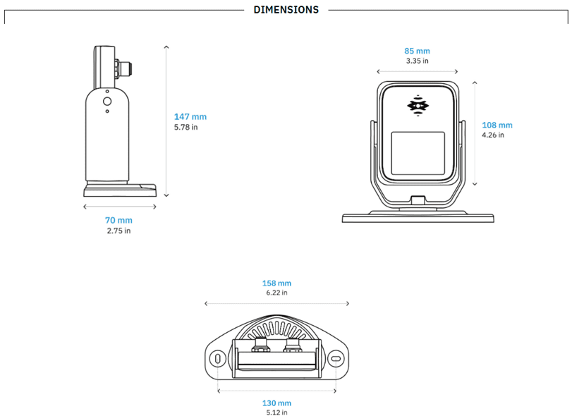 Technical drawing of a compact device with dimensions and connection details.