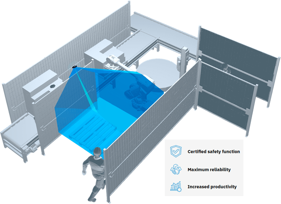 Industrial machine with blue safety shield and control panel.