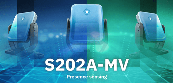 Blue electronic presence sensing device with model S202A-MV.
