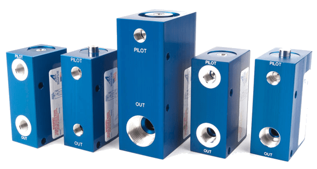 Three blue industrial sensors of varying sizes with metal fittings.