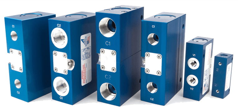 Three blue rectangular metal blocks with holes and labels.