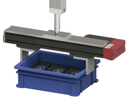 Automated machine sorting items into a blue bin.