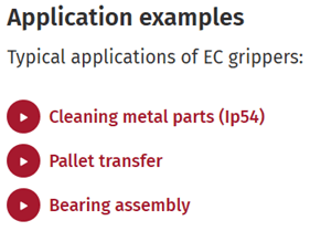 A screenshot showing application examples of EC grippers.