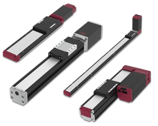 Four black and red linear actuator devices with metal rails and motor units.