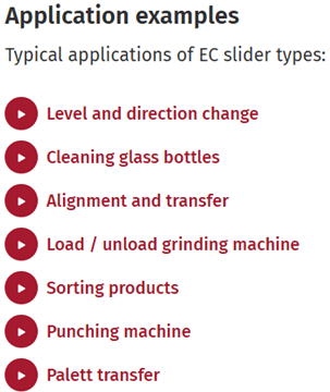 List of typical applications for EC slider types in various industrial processes.