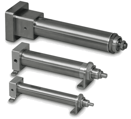 Three stainless steel industrial pneumatic cylinders of varying sizes.