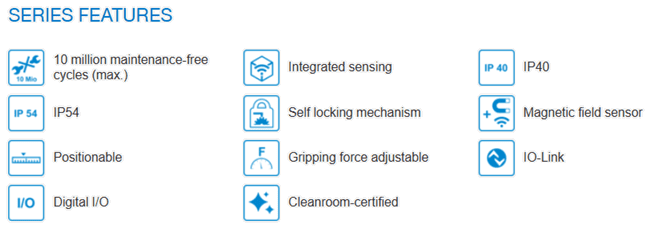 Icons representing integrated sensing, self-locking mechanism, adjustable gripping force, and cleanroom certification.