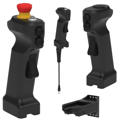 Interchangeable black joystick grips with a red button.
