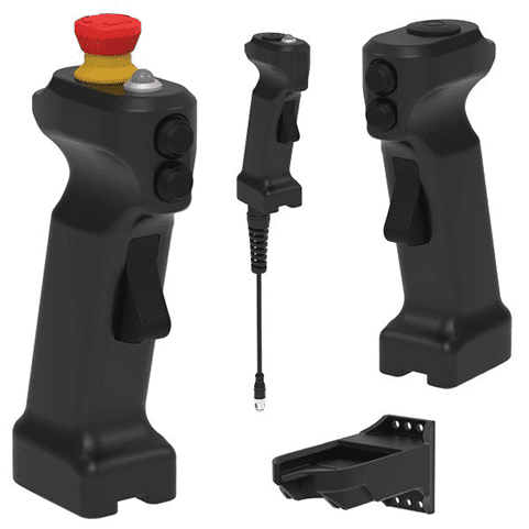 Black joystick controllers with buttons and a cable.