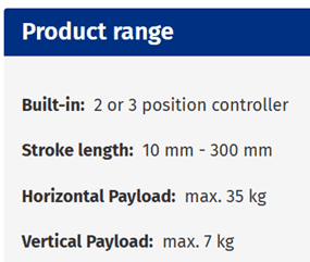 Specifications for a controller product range with stroke length and payload limits.